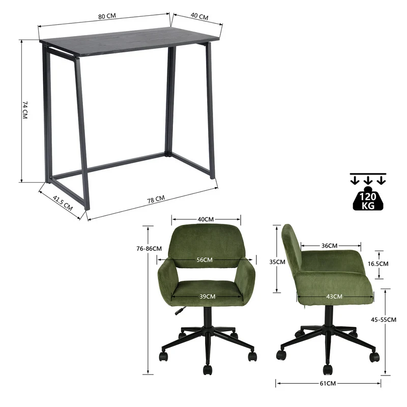 Ensemble bureau pliable en métal noir et fauteuil de bureau en velours côtelé vert olive - ASCOLI & ROSS