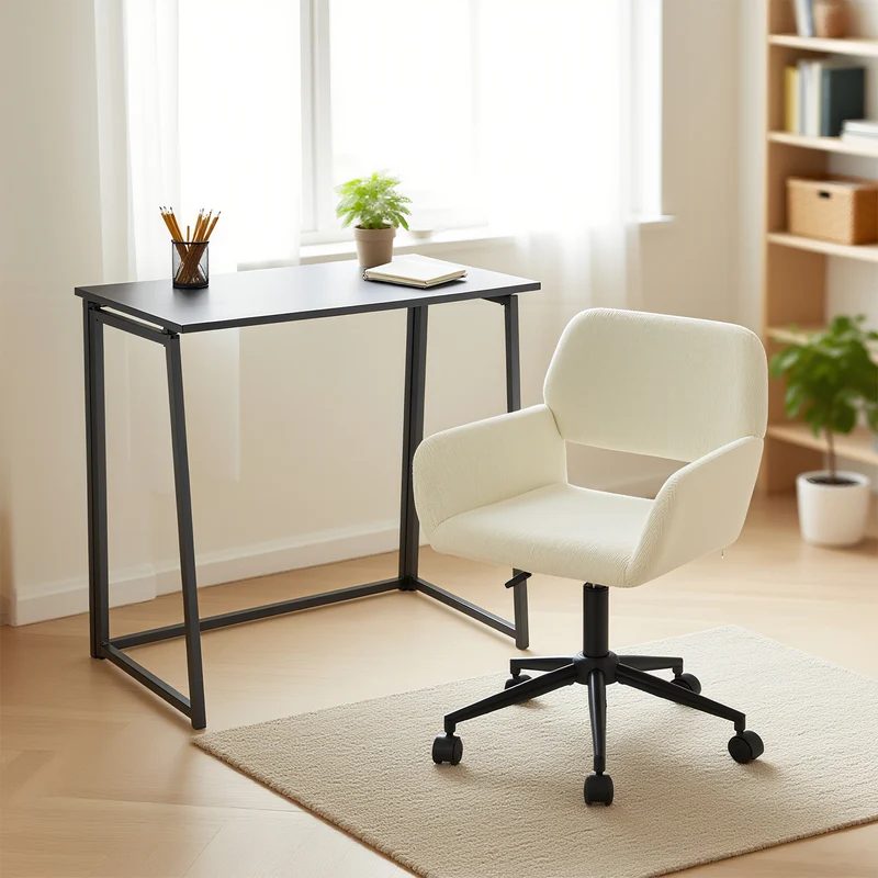 Ensemble bureau pliable en métal noir et fauteuil de bureau en velours côtelé beige - ASCOLI & ROSS
