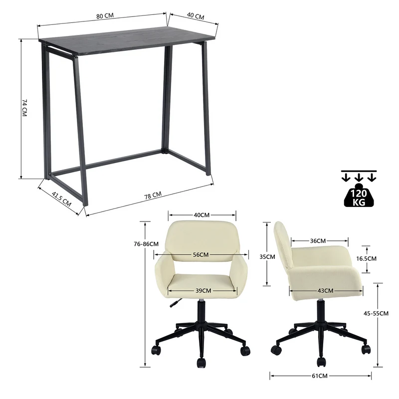 Ensemble bureau pliable en métal noir et fauteuil de bureau en velours côtelé beige - ASCOLI & ROSS