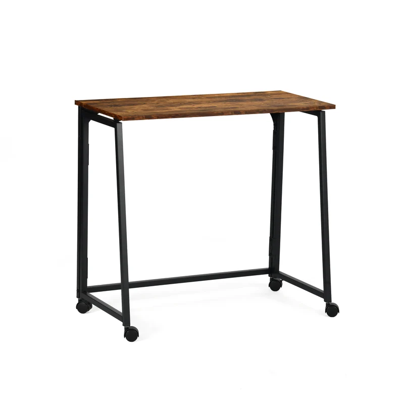 Bureau/table d'ordinateur industriel pliant avec 4 roulettes en bois et en métal noir - ASCOLI