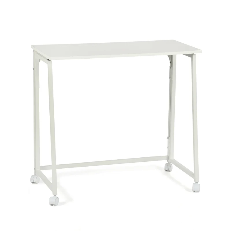 Bureau/table d'ordinateur pliant scandinave avec 4 roulettes en bois blanc et en métal blanc - ASCOLI