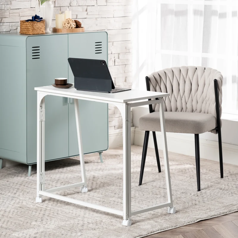 Bureau/table d'ordinateur pliant scandinave avec 4 roulettes en bois blanc et en métal blanc - ASCOLI