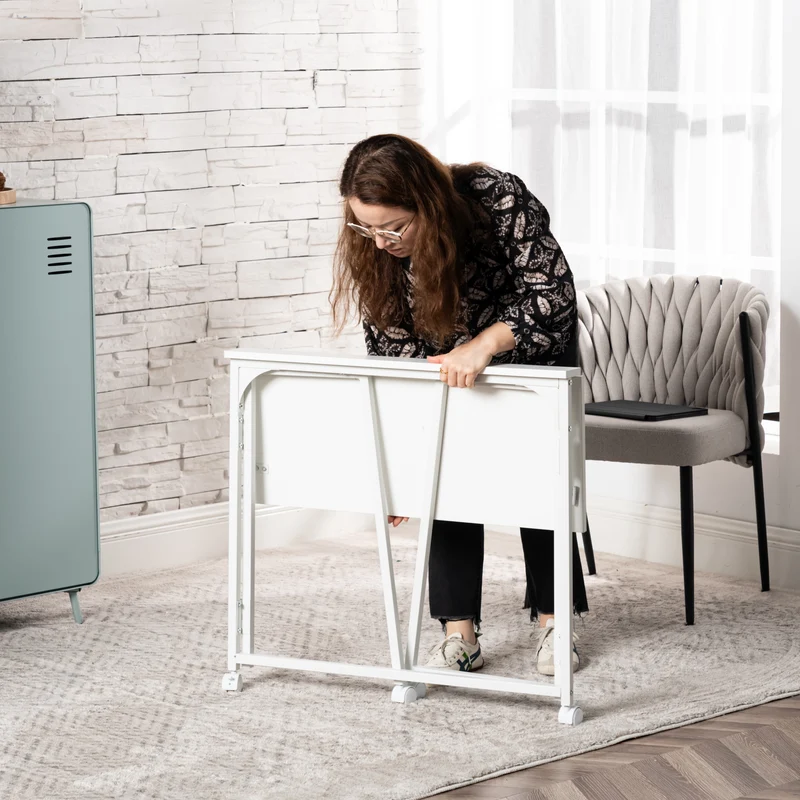 Bureau/table d'ordinateur pliant scandinave avec 4 roulettes en bois blanc et en métal blanc - ASCOLI