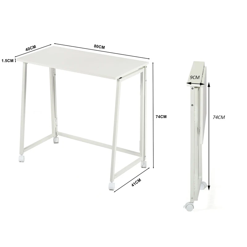 Bureau/table d'ordinateur pliant scandinave avec 4 roulettes en bois blanc et en métal blanc - ASCOLI