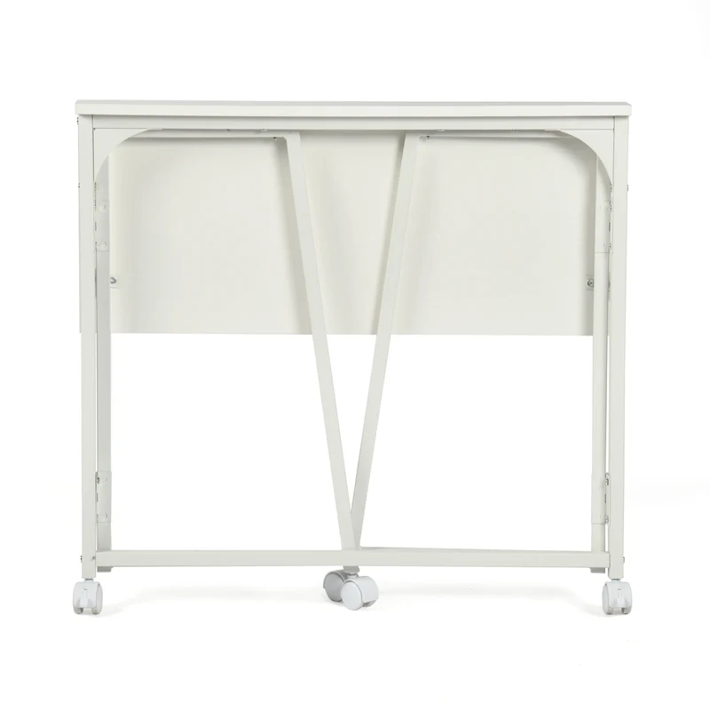 Bureau/table d'ordinateur pliant scandinave avec 4 roulettes en bois blanc et en métal blanc - ASCOLI