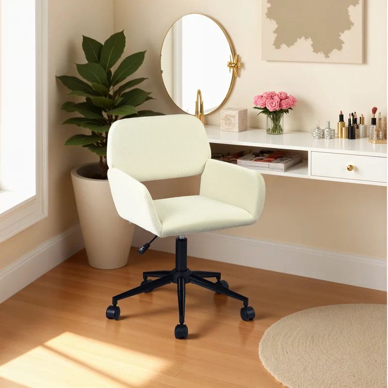 Fauteuil de bureau en velours côtelé beige, réglable en hauteur, rotation à 360° - ROSS