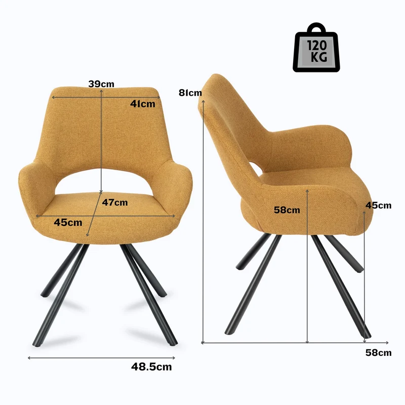 Lot de 6 chaises de salle à manger contemporaines en tissu jaune, pieds en métal noir - BETH FABRIC YELLOW 6PCS