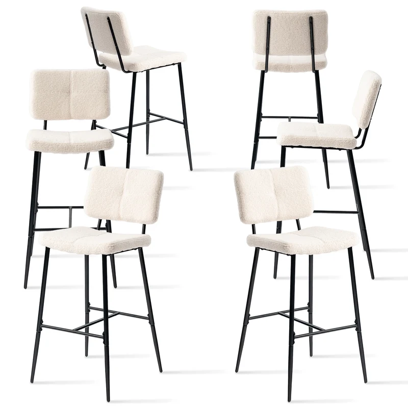 Lot de 6 tabourets de bar scandinaves avec dossier en tissu mouton bouclette beige - POMONA BAR