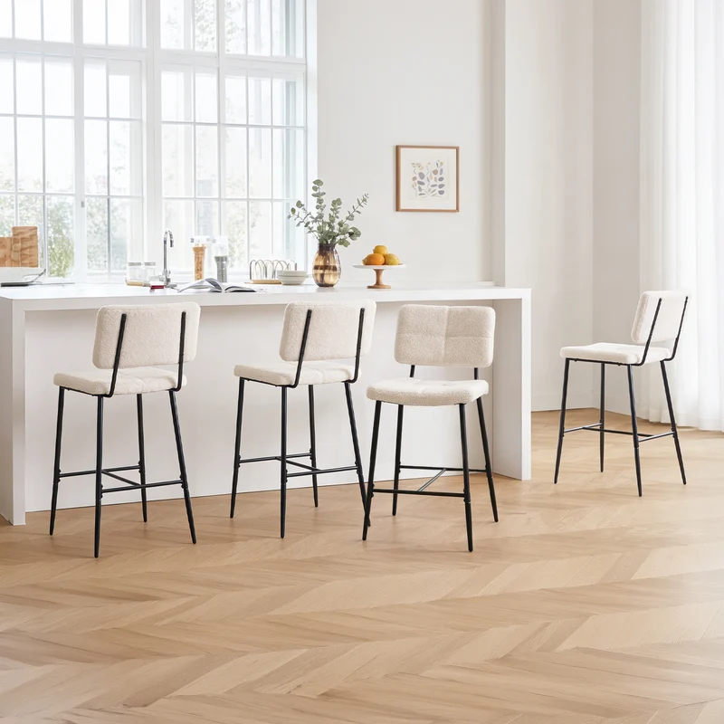 Lot de 6 tabourets de bar scandinaves avec dossier en tissu mouton bouclette beige - POMONA BAR