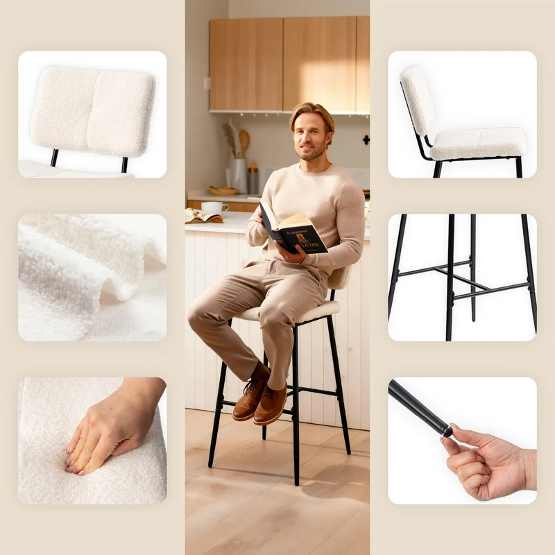 Lot de 6 tabourets de bar scandinaves avec dossier en tissu mouton bouclette beige - POMONA BAR