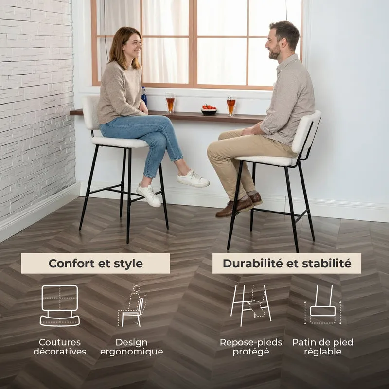 Lot de 6 tabourets de bar scandinaves avec dossier en tissu mouton bouclette beige - POMONA BAR