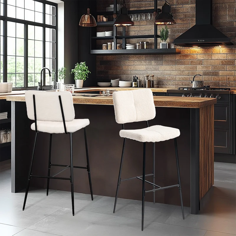 Lot de 2 tabourets de bar scandinaves avec dossier en tissu mouton bouclette beige - POMONA BAR