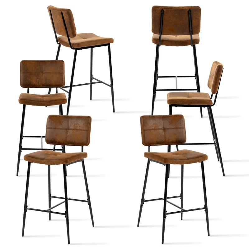 Lot de 6 tabourets de bar industriels avec dossier en suédine - POMONA BAR