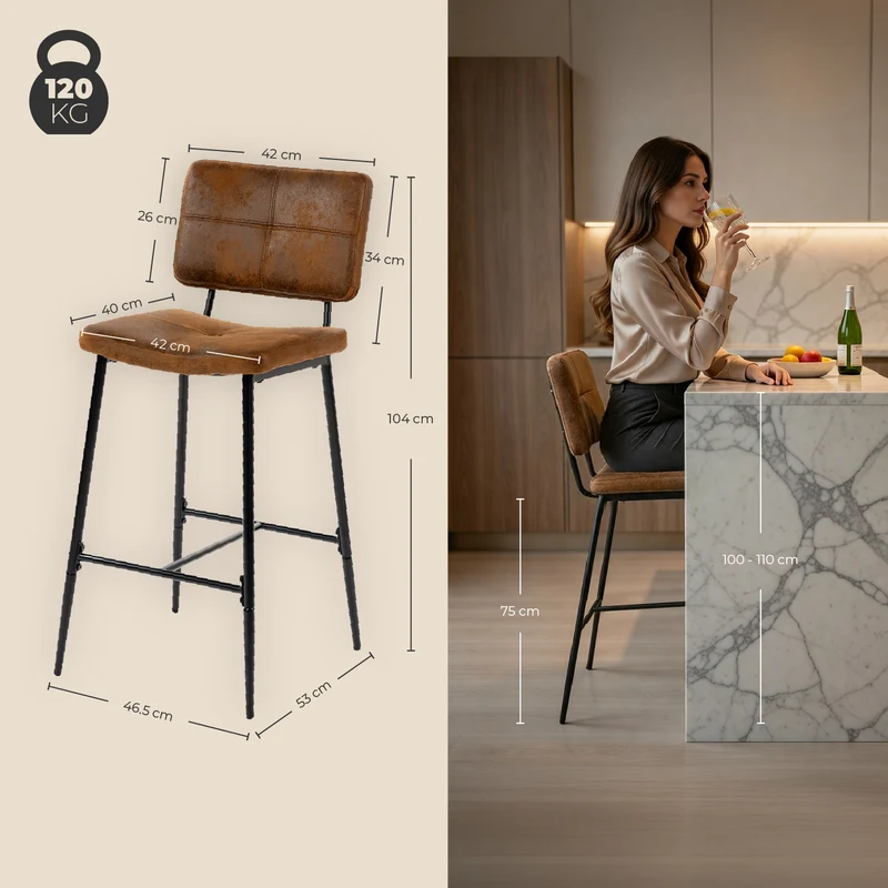 Lot de 4 tabourets de bar industriels avec dossier en suédine - POMONA BAR