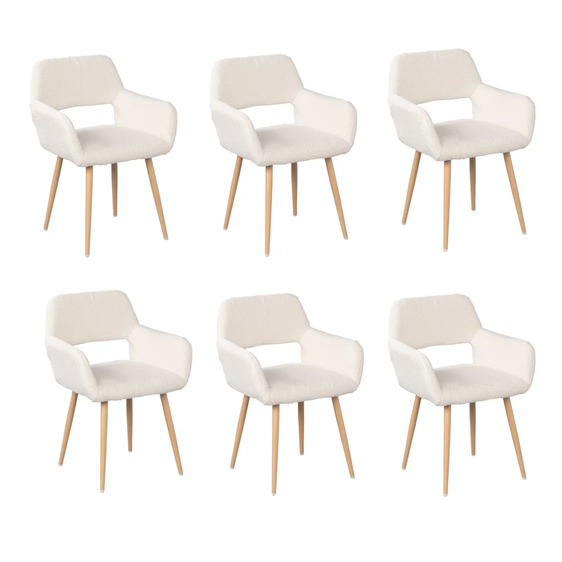 Lot de 6 fauteuils de salle à manger scandinaves avec accoudoirs en tissu mouton bouclette beige - CROMWELL
