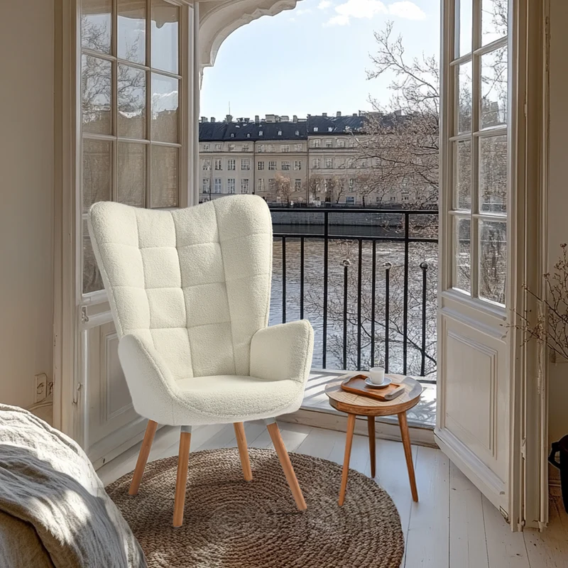 Fauteuil scandinave avec accoudoirs en tissu mouton bouclette beige à surpiqûres - FUNKEL