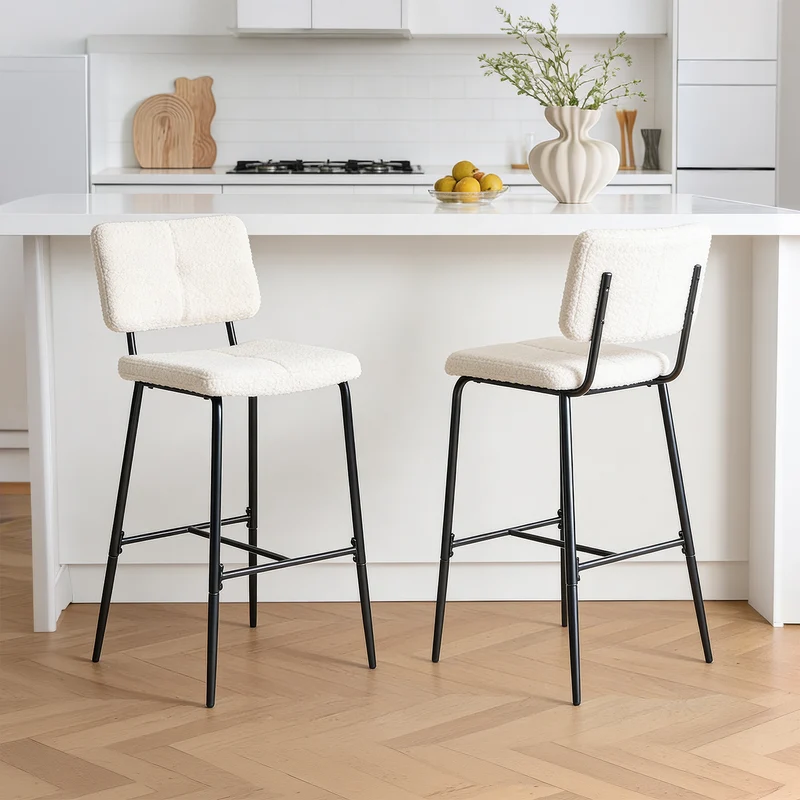 Lot de 2 tabourets de bar scandinaves avec dossier en tissu mouton bouclette beige - POMONA BAR