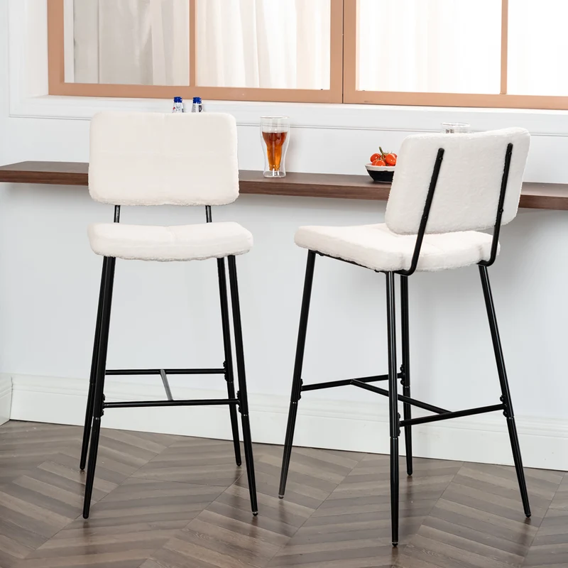 Lot de 2 tabourets de bar scandinaves avec dossier en tissu mouton bouclette beige - POMONA BAR