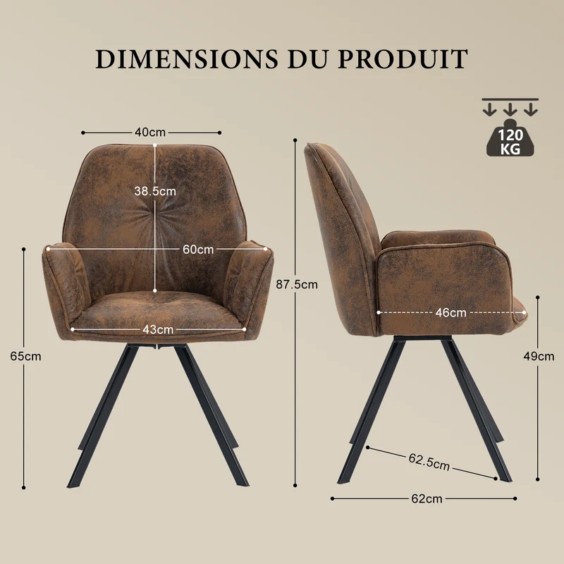 Lot de 6 chaises de salle à manger confortables en suédine avec accoudoirs - CALF SUEDE BROWN 6PCS