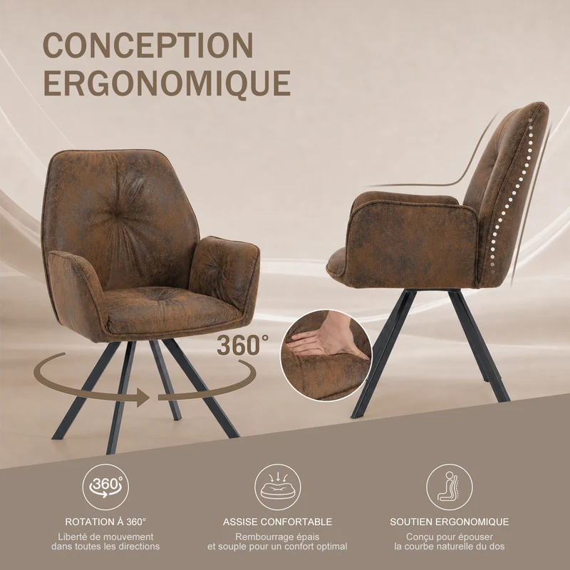 Lot de 6 chaises de salle à manger confortables en suédine avec accoudoirs - CALF SUEDE BROWN 6PCS