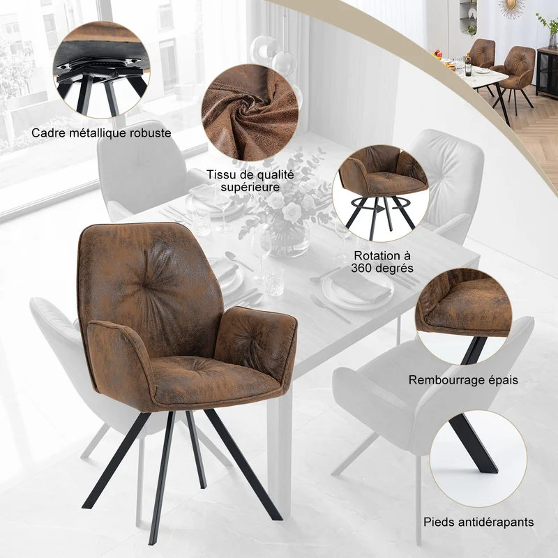 Lot de 6 chaises de salle à manger confortables en suédine avec accoudoirs - CALF SUEDE BROWN 6PCS