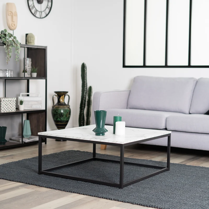 Table basse carrée style contemporain, plateau en bois effet marbre, structure en métal noir - FACTO
