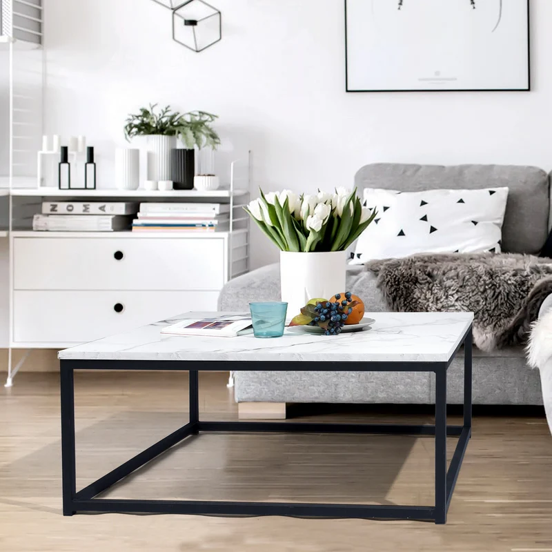 Table basse carrée style contemporain, plateau en bois effet marbre, structure en métal noir - FACTO