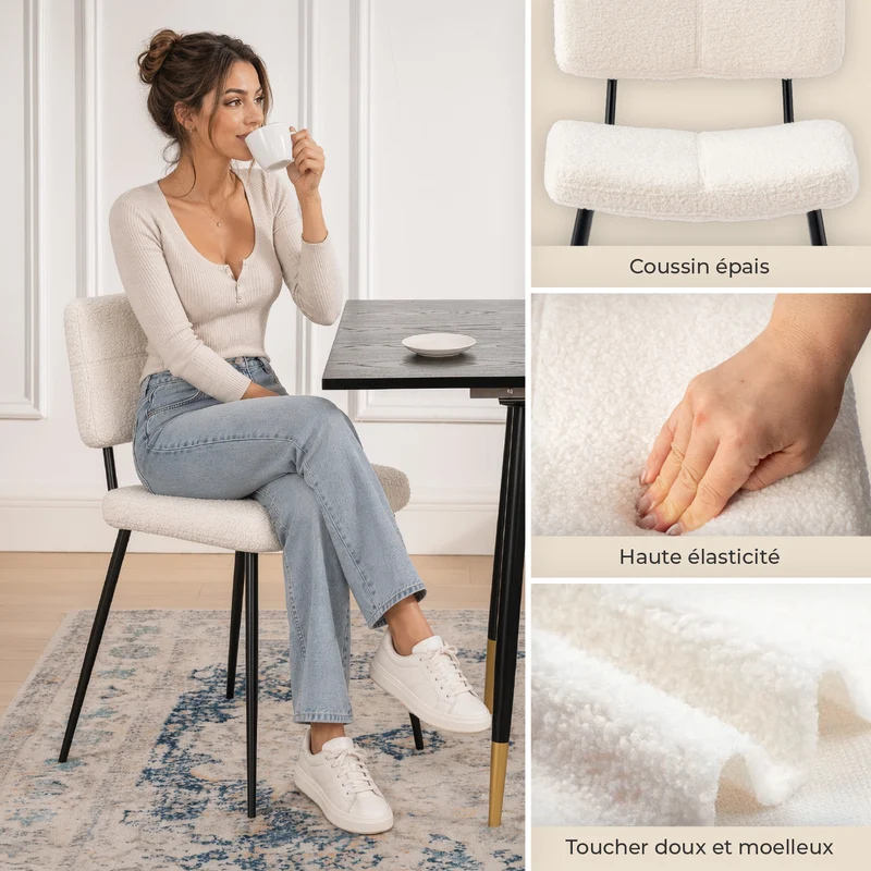 Lot de 4 chaises de salle à manger scandinaves en tissu mouton bouclette beige - POMONA