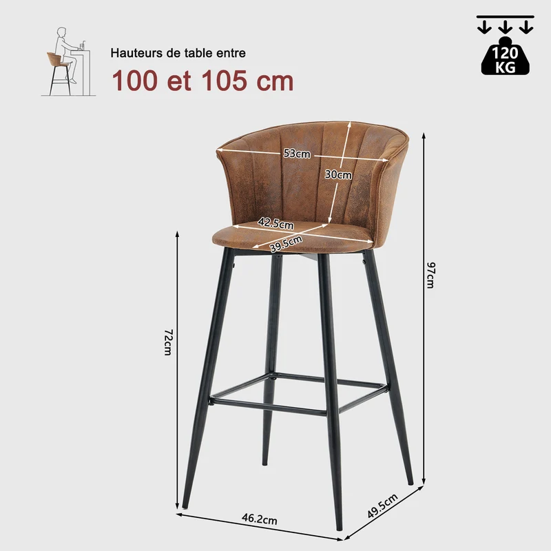 Lot de 4 tabourets de bar industriels avec accoudoirs et dossier en suédine - DONCIC BAR