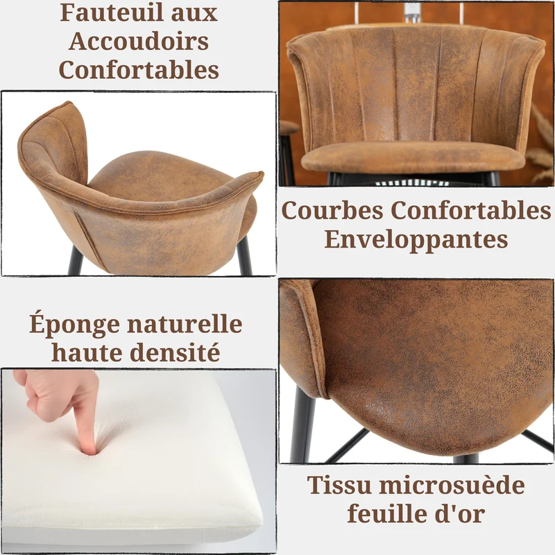 Lot de 4 tabourets de bar industriels avec accoudoirs et dossier en suédine - DONCIC BAR