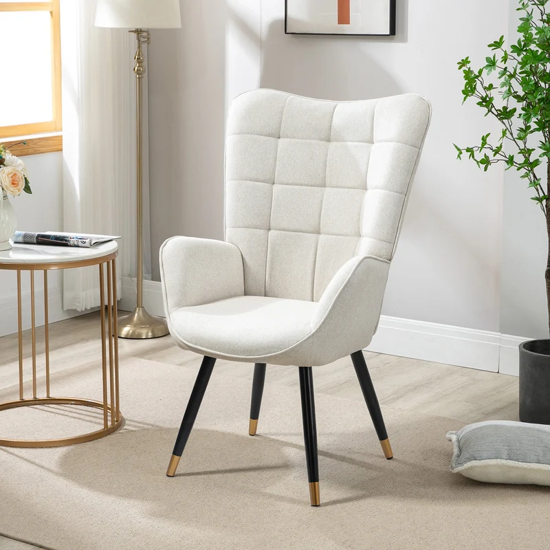 Fauteuil scandinave avec accoudoirs en tissu beige à surpiqûres - FUNKEL