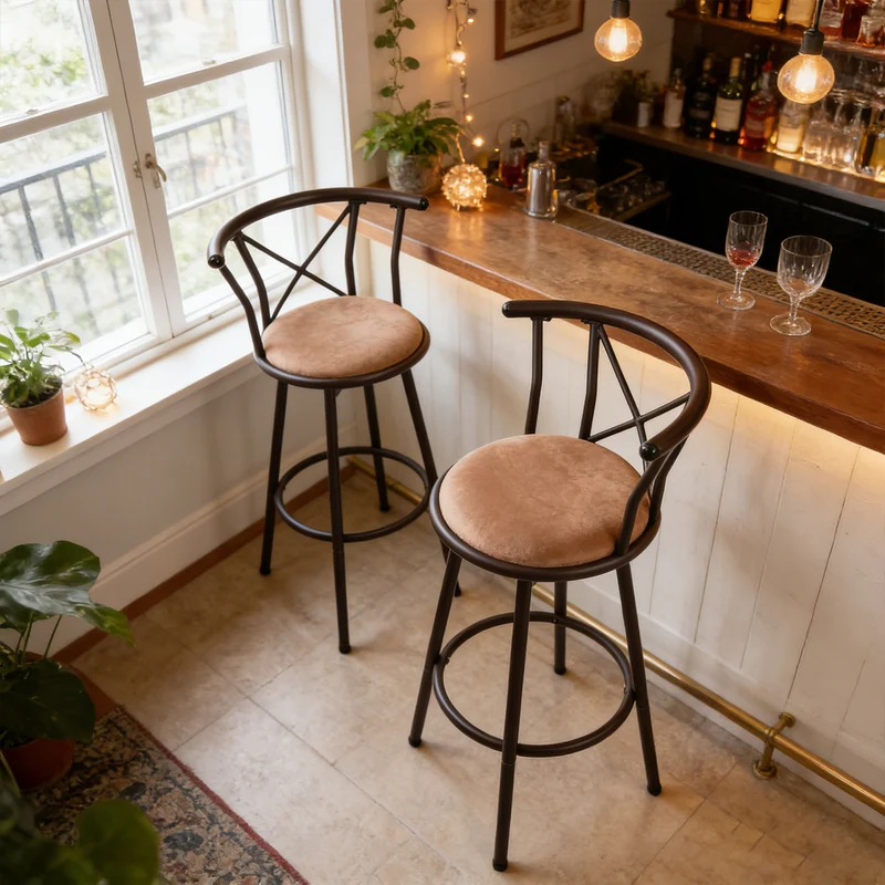 Lot de 2 tabourets de bar industriels pivotants avec dossier en tissu marron - HAILEY 29