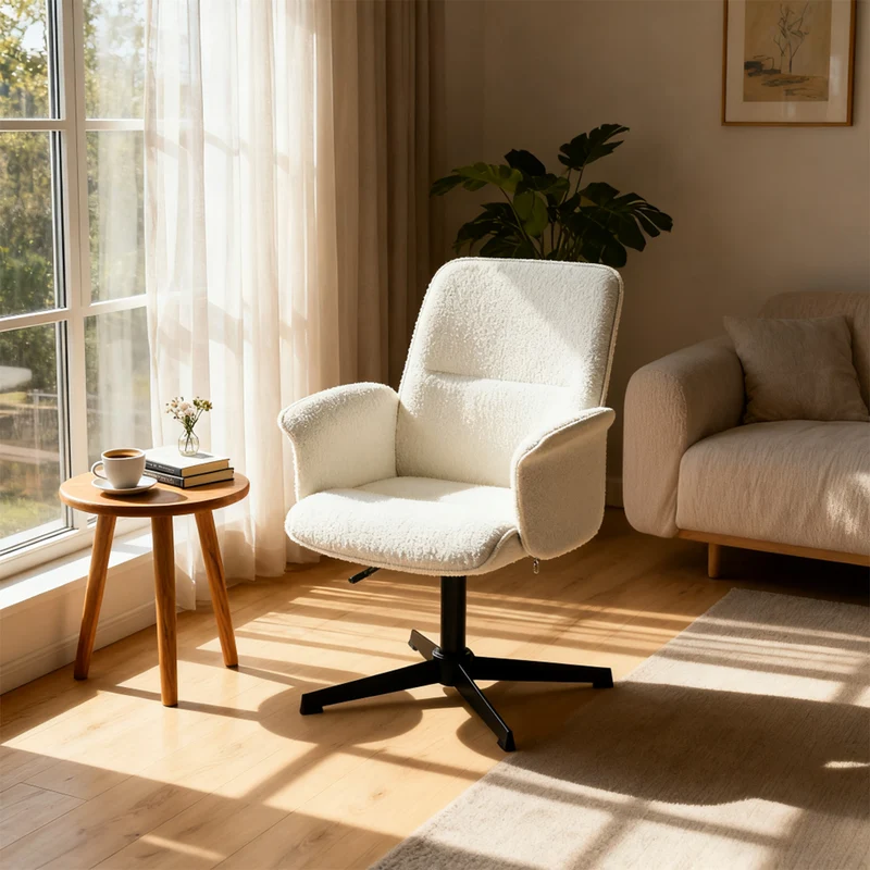 Fauteuil de bureau ergonomique réglable pivotant avec accoudoirs en tissu bouclette blanc - THOMASINA