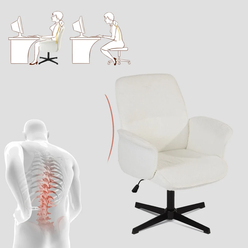Fauteuil de bureau ergonomique réglable pivotant avec accoudoirs en tissu bouclette blanc - THOMASINA