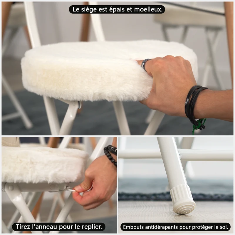 Lot de 4 chaises/tabourets pliantes, assise ronde en tissu effet fausse fourrure blanche - ERNST
