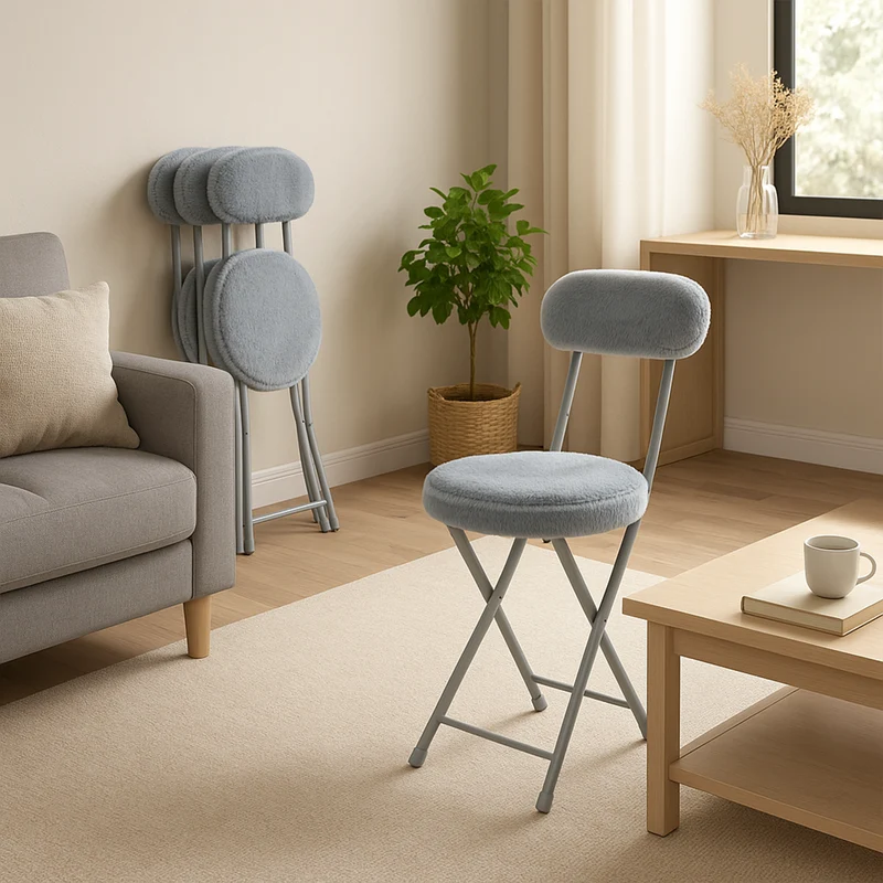 Lot de 4 chaises/tabourets pliantes, assise ronde en tissu effet fausse fourrure grise - ERNST