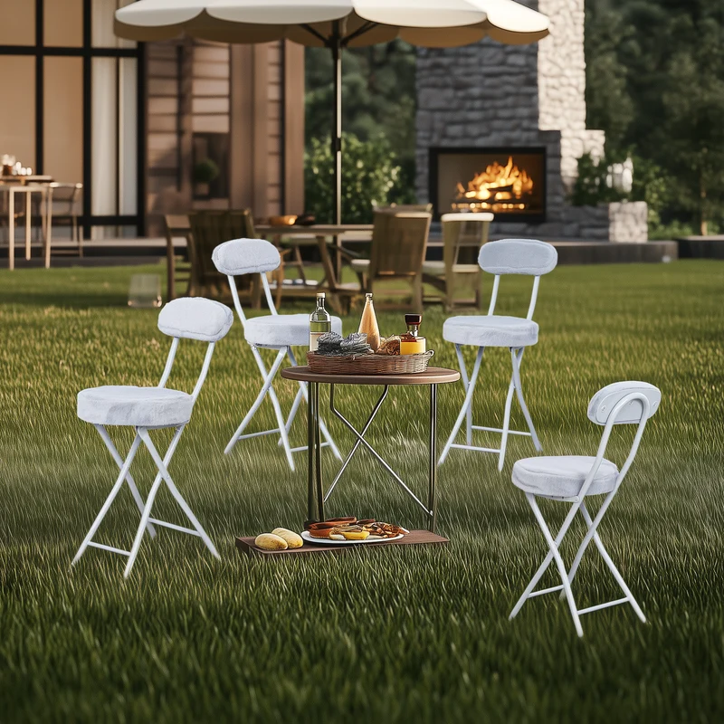 Lot de 4 chaises/tabourets pliantes, assise ronde en tissu effet fausse fourrure grise - ERNST