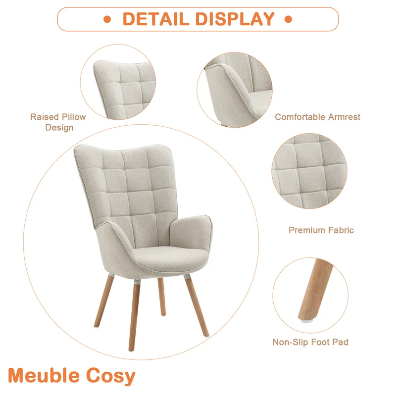 Fauteuil scandinave avec accoudoirs en tissu beige à surpiqûres - FUNKEL