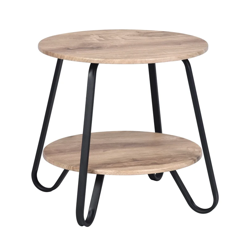 Table d'appoint ronde à 2 niveaux style industriel en métal noir et bois imitation chêne - KONYA TARRANT