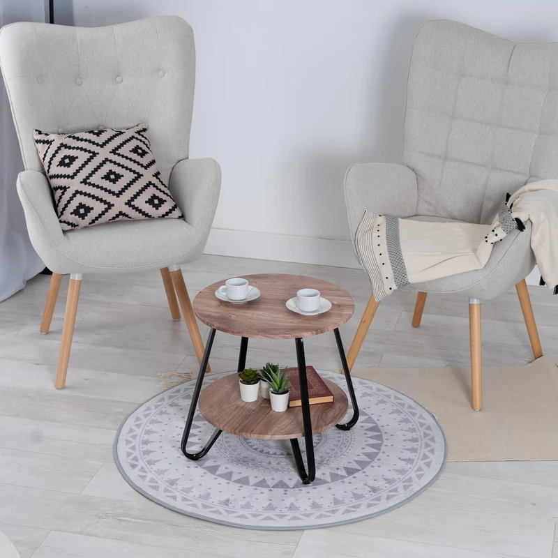 Table d'appoint ronde à 2 niveaux style industriel en métal noir et bois imitation chêne - KONYA TARRANT