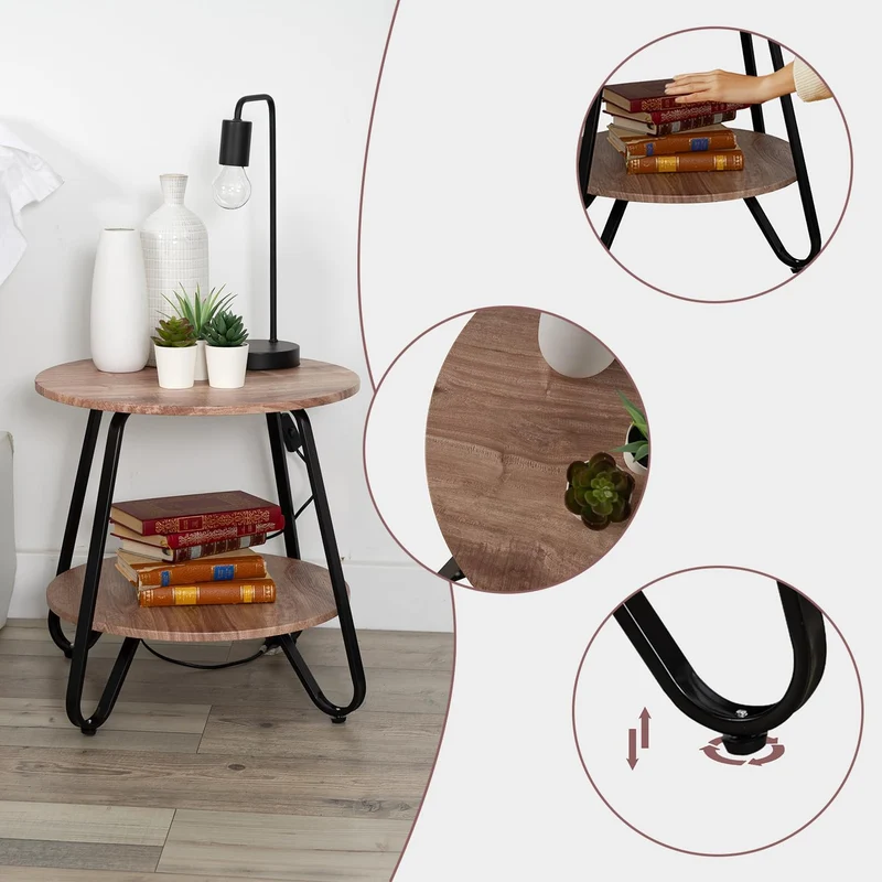 Table d'appoint ronde à 2 niveaux style industriel en métal noir et bois imitation chêne - KONYA TARRANT
