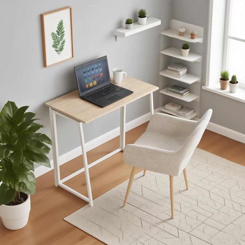 Bureau/table d'ordinateur industriel pliant en bois de chêne et en métal blanc - ASCOLI
