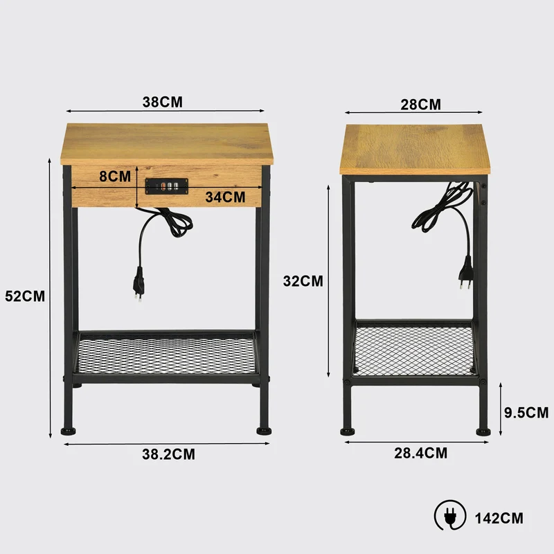 Table d'appoint/Bout de canapé design industriel en chêne et métal noir avec double plateau et ports USB intégrés - OAKHAM