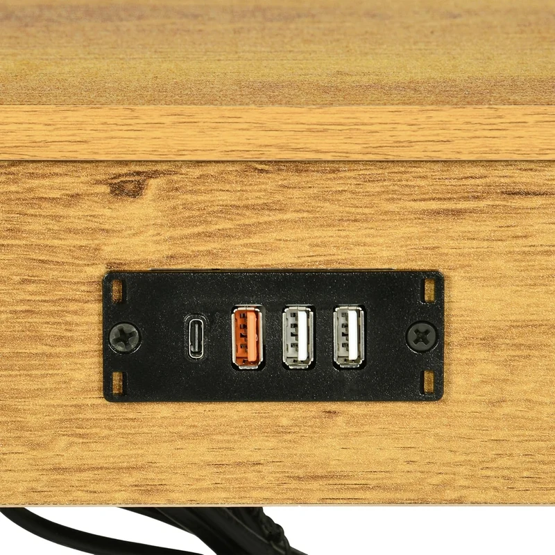 Table d'appoint/Bout de canapé design industriel en chêne et métal noir avec double plateau et ports USB intégrés - OAKHAM