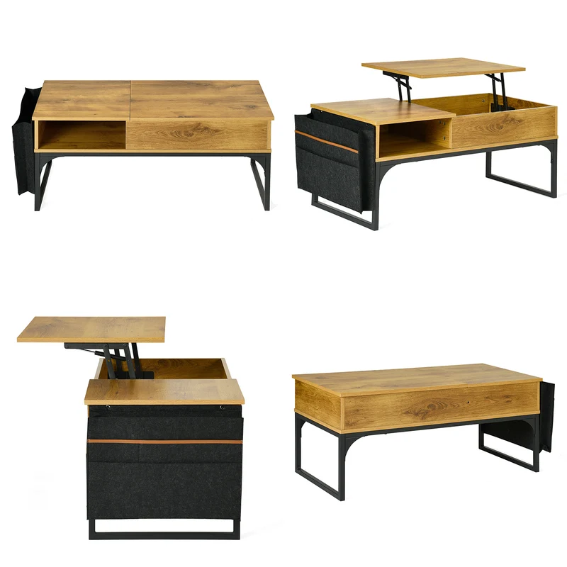 Table basse relevable style industriel avec rangement caché, plateau élévateur et pochette latérale, bois de chêne et métal noir - ZOLA