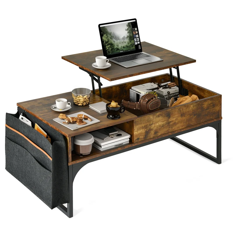 Table basse relevable style industriel avec rangement caché, plateau élévateur et pochette latérale, bois vintage et métal noir - ZOLA