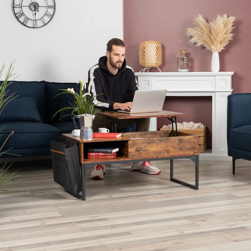 Table basse relevable style industriel avec rangement caché, plateau élévateur et pochette latérale, bois vintage et métal noir - ZOLA