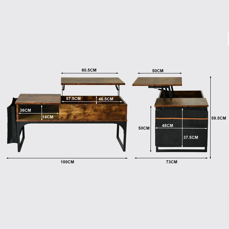 Table basse relevable style industriel avec rangement caché, plateau élévateur et pochette latérale, bois vintage et métal noir - ZOLA