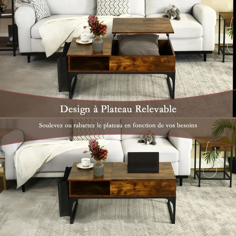 Table basse relevable style industriel avec rangement caché, plateau élévateur et pochette latérale, bois vintage et métal noir - ZOLA