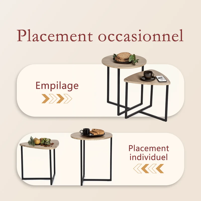 Lot de 2 tables basses gigognes style industriel en métal noir et bois imitation chêne - LAYA